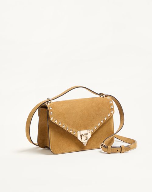 Valentino Garavani - Valentino Garavani Rockstud Small Shoulder Bag In Suede - Havana Beige - Woman - Shoulder Bags