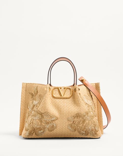 Valentino Garavani - Medium Shopping Bag In Raffia With Floral Embroidery - Natural - Woman - Totes