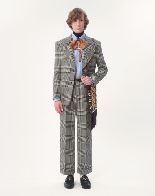 Valentino - Wool Pants With Turn-ups With Check Pattern On Houndstooth - Ivory/black - Man - Ready To Wear