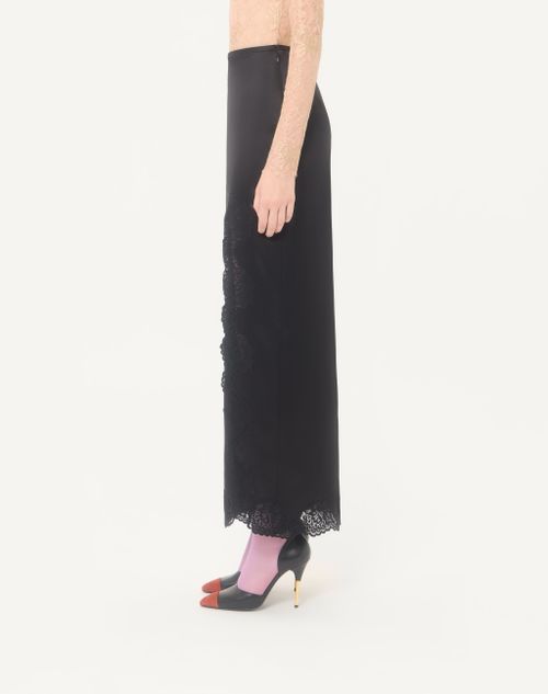 Valentino - Langer Rock Aus Crêpe-satin Mit Spitze - Schwarz - Frau - Röcke