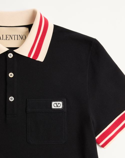Valentino - Cotton Piqué Polo Shirt With Vlogo Patch - Black - Man - Tshirts And Sweatshirts