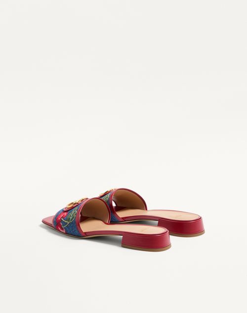 Valentino Garavani - Vlogo Signature Denim Slide Sandal With Cherryfic Embroidery 20mm - Denim/multicolour - Woman - Sandals