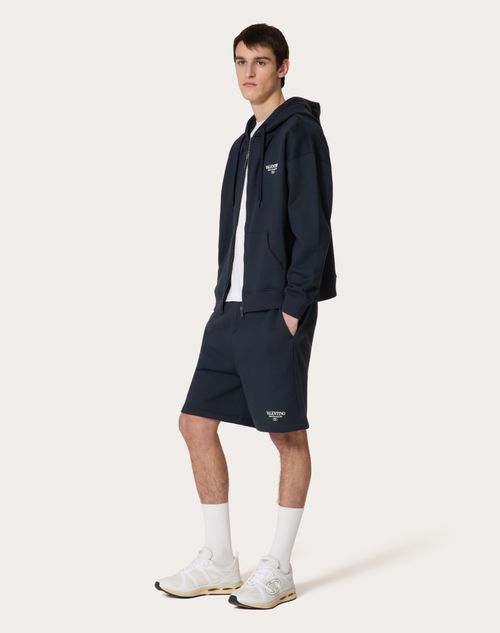 Valentino - Bermuda In Cotone Con Stampa Valentino - Navy/bianco - Uomo - Pantaloni E Shorts