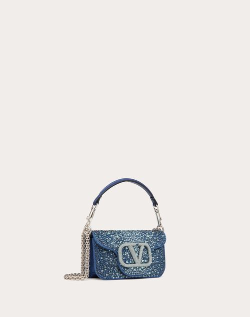 Valentino Garavani - Small Locò Denim Shoulder Bag With Rhinestones - Blue - Woman - Shoulder Bags