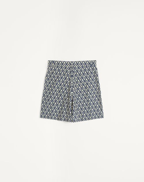 Valentino - Cotton Popeline Bermuda Shorts With Toute La V Print - Navy/cream - Man - Pants And Shorts