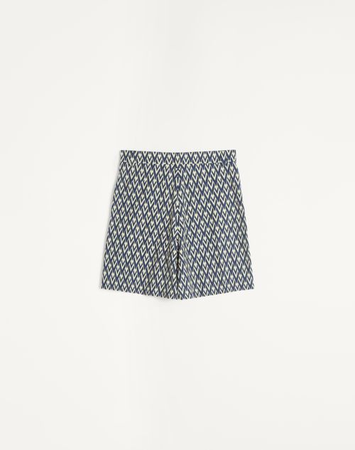 Valentino - Cotton Popeline Bermuda Shorts With Toute La V Print - Navy/cream - Man - Trousers And Shorts