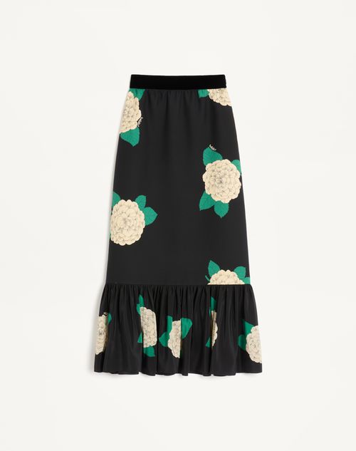 Valentino - Jupe Mi-longue En Crepe Couture Avec Imprimé Apres L'hiver - Noir/ivoire/vert - Femme - Jupes