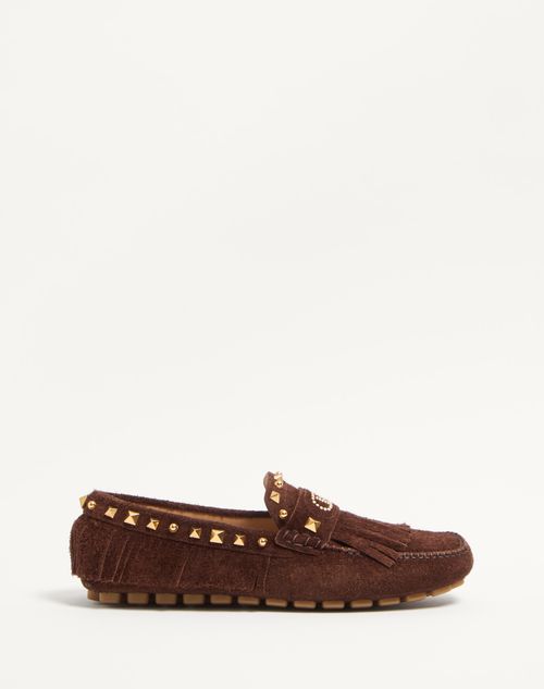 Valentino Garavani - Fastaway Driver Loafer In Crust Leather With Fringes - Bark Brown - Man - Loafers And Driver