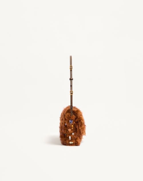 Valentino Garavani - Valentino Garavani Devain Small Shoulder Bag In Lamb Fur With Rhinestones. - Brown/multicolour - Woman - Shoulder Bags
