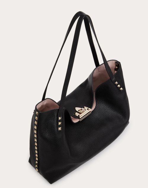 Rockstud Grainy Calfskin Tote Bag for Woman in Black