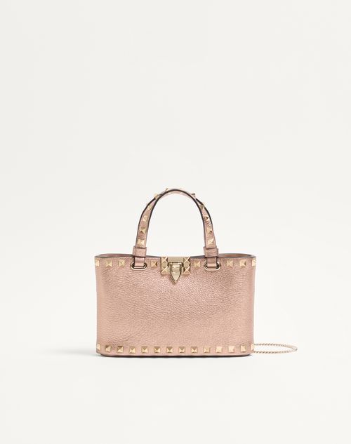 Valentino Garavani - Mini Sac Cabas Rockstud En Cuir De Veau Grainé Laminé - Rose Cannelle - Femme - Pochettes