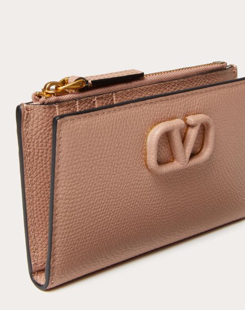 Valentino Garavani - Vlogo Signature Grainy Calfskin Cardholder Wth Zip - Rose Cannelle - Woman - Wallets & Cardcases - Accessories