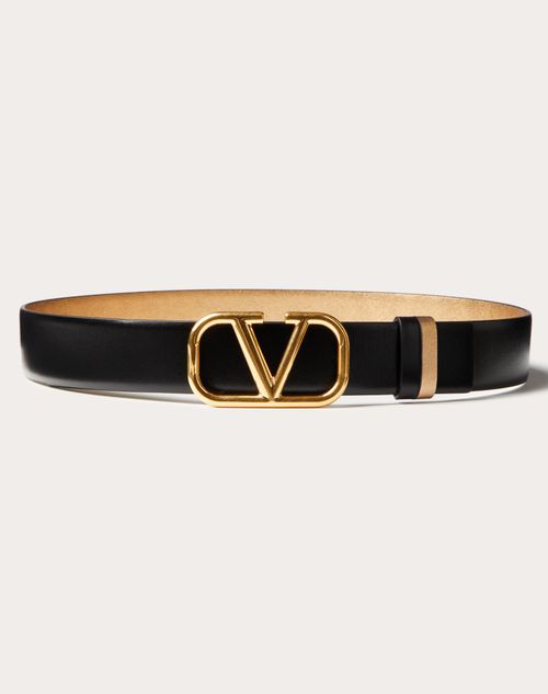 Valentino Garavani - Vlogo Signature Reversible Belt In Shiny And Metallic Calfskin 30mm - Antique Brass/black - Woman - Belts