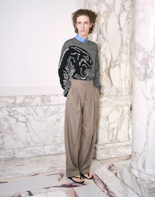 Valentino - Valentino Cotton And Mouliné Wool Jumper With Panther Jacquard - Ivory/black - Man - Knitwear
