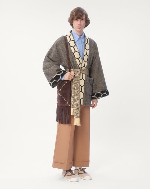 Valentino - Wool Blend Robe Jacket With Jacquard Trim And Belt - Brown/ochre/moss Green - Man - Man Ready To Wear Sale