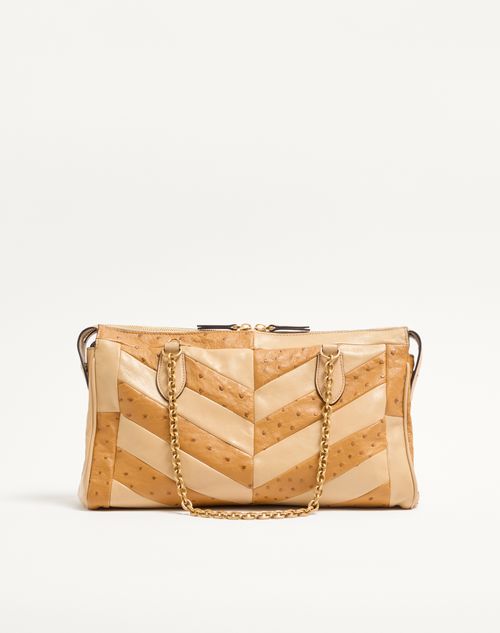 Valentino Garavani - Valentino Garavani Panthea Medium Shoulder Bag In Ostrich And Nappa Leather With A Chevron Pattern - Tobacco/gold Beige - Woman - Shoulder Bags