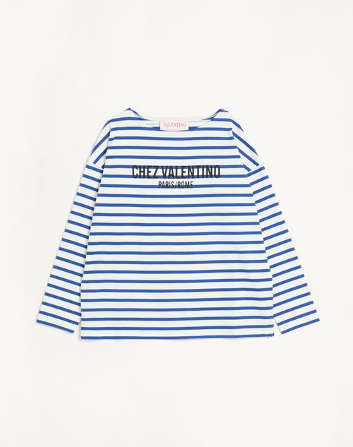 Valentino - Long-sleeved Cotton T-shirt With Chez Valentino Print - Butter/indigo - Man - T-shirts And Sweatshirts