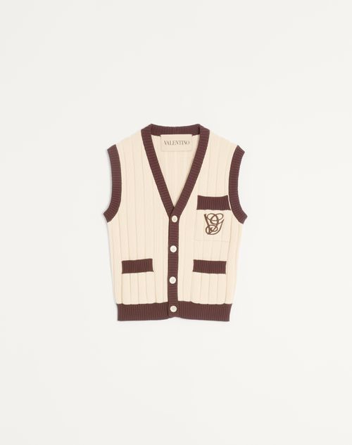 Valentino - Ribbed Cotton Waistcoat With Vg Embroidery - Butter/testa Di Moro - Man - New Arrivals