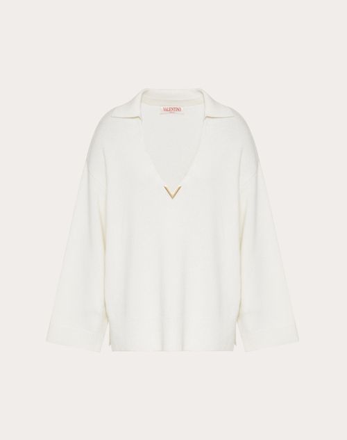 Valentino - V Gold Pullover Aus Kaschmir - Elfenbein - Frau - Strickwaren