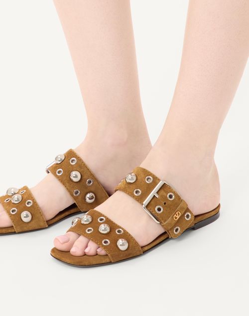 Valentino Garavani - Nellcôte Crust Leather Slide Sandal - Havana Beige - Woman - Shelf - W Shoes - Daywear Sandal