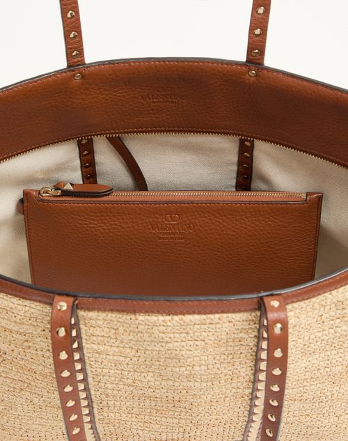 Valentino Garavani - Valentino Garavani Rockstud Raffia Shopping Bag. - Natural/saddle Brown - Woman - Totes