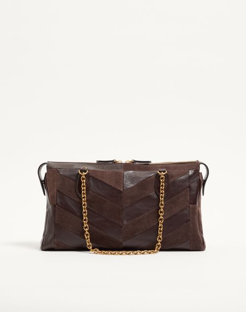 Valentino Garavani - Valentino Garavani Panthea Medium Shoulder Bag In Suede And Nappa With Chevron Motif - Ebony - Woman - Shoulder Bags