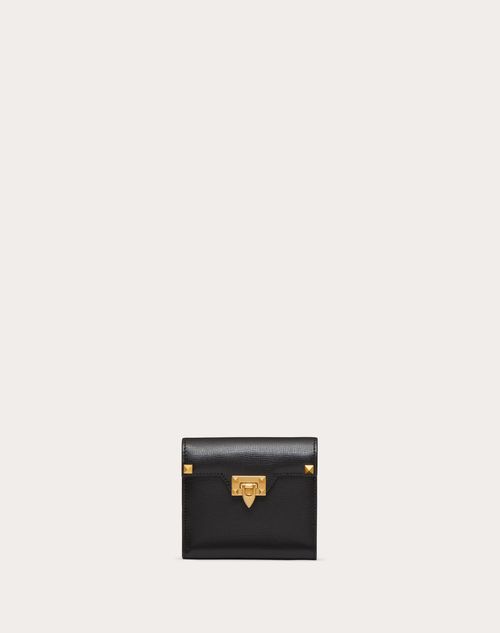 Valentino Garavani - Compact Rockstud Wallet In Grainy Calfskin - Black - Woman - Woman Sale