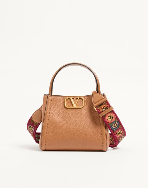 Valentino Garavani - Valentino Garavani Alltime Small Handbag In Grainy Calfskin With Embroidered Ribbon Shoulder Strap - Beige - Woman - Top Handle Bags