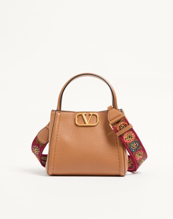 Valentino Garavani Alltime Small Handbag In Grainy Calfskin With Embroidered Ribb In Sand