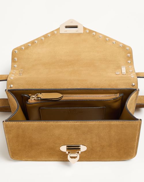 Valentino Garavani - Valentino Garavani Rockstud Small Shoulder Bag In Suede - Havana Beige - Woman - Shoulder Bags