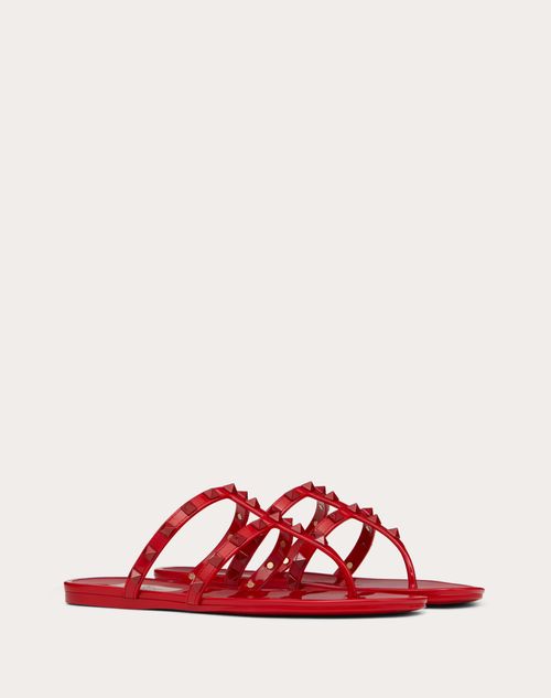 Valentino Garavani - Rockstud Flat Rubber Sandal With Tonal Studs - Rosso Valentino - Woman - Slides And Thongs