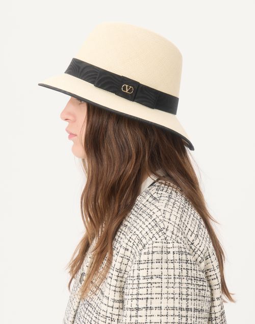 Valentino Garavani - Vlogo Signature Straw Hat With Moiré Ribbon - Natural/black - Woman - Hats And Gloves