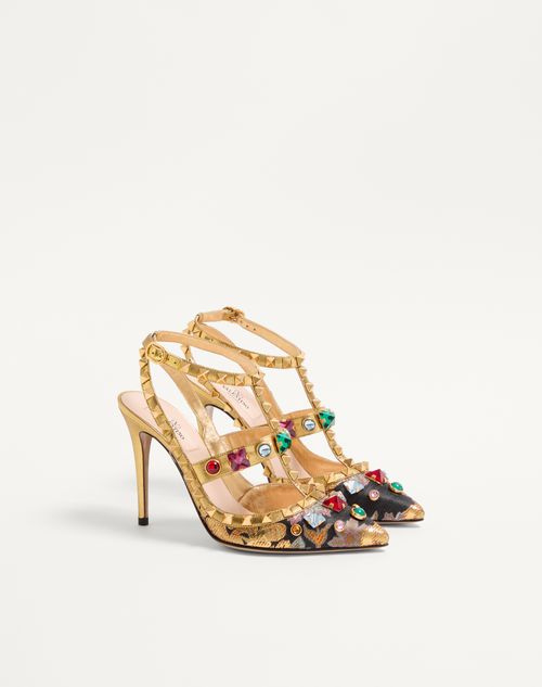 Valentino Garavani - Rockstud Pumps With Straps In Jacquard Apres L'hiver Fabric With Crystals 100mm - Gold - Woman - Pumps