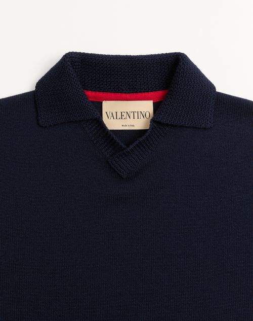 Valentino - Valentino Wool Sweater With Vlogo Signature Patch And Polo Collar - Navy - Man - Knitwear