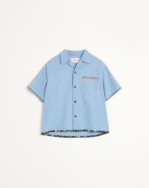 Valentino - Denim Bowling Shirt With Floral Print Trim - Denim - Man - Denim