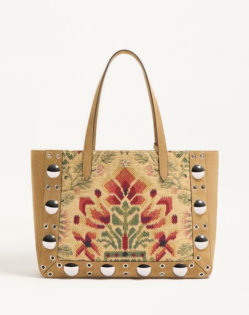 Valentino Garavani - Valentino Garavani Nellcôte Medium Shopping Bag In Jacquard Fabric - Havana Beige/multicolour - Man - Totes