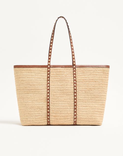 Valentino Garavani - Valentino Garavani Rockstud Raffia Shopping Bag. - Natural/saddle Brown - Woman - Totes