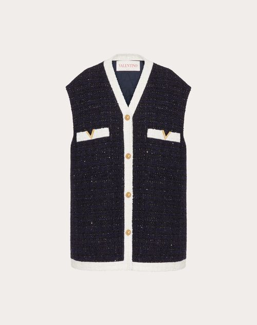 Valentino - Gilet In Glaze Tweed - Navy/avorio - Donna - Giacche E Caban