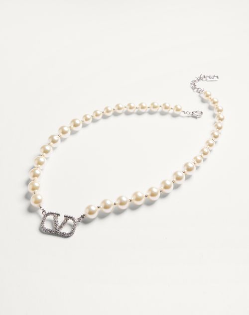 Valentino Garavani - Vlogo Signature Necklace With Pearls And Swarovski® Crystals - Palladium/cream - Woman - Jewelry