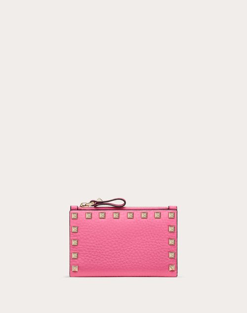 Valentino Garavani - Rockstud Grainy Calfskin Cardholder With Zipper - Pink - Woman - Accessories