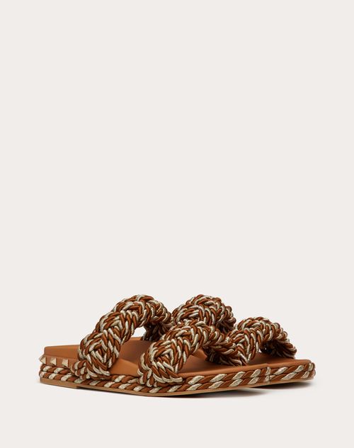 Valentino Garavani - Flat Rockstud Silk Rope Slide Sandal - Light Brown - Woman - Shoes