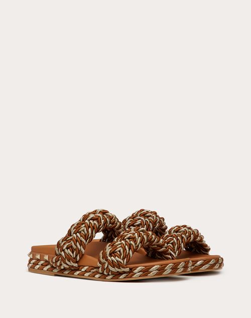 Valentino Garavani - Flat Rockstud Silk Rope Slide Sandal - Light Brown - Woman - Woman Shoes Sale