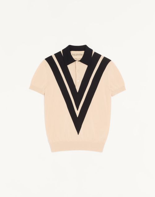 Valentino - Valentino Cotton Polo Shirt With Inlaid V - Butter/black - Man - Knitwear