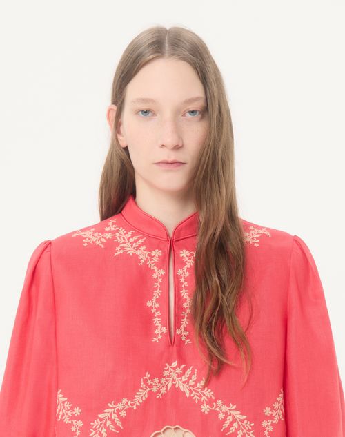 Valentino - Top In Couture Linen Ricamato - Corallo/beige - Donna - Camicie E Top