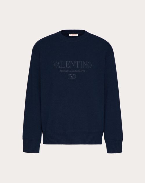 Valentino - Suéter De Lana Con Cuello Redondo Y Bordado De Valentino - Azul Marino - Hombre - Ropa