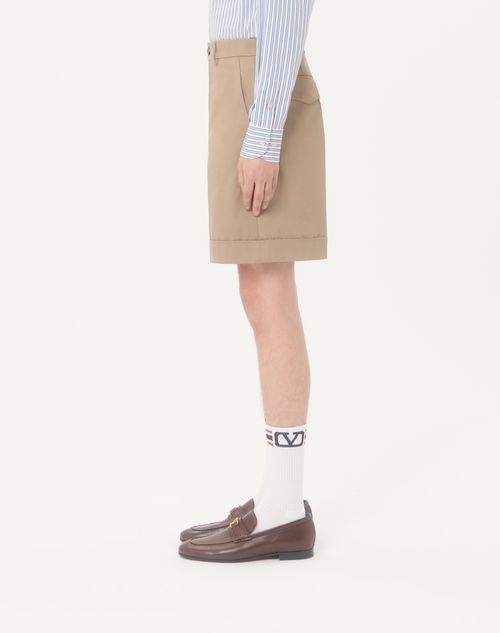 Valentino - Valentino Cotton Gabardine Bermuda Shorts With Turn-up And Vlogo Embroidery - Beige - Man - Trousers And Shorts