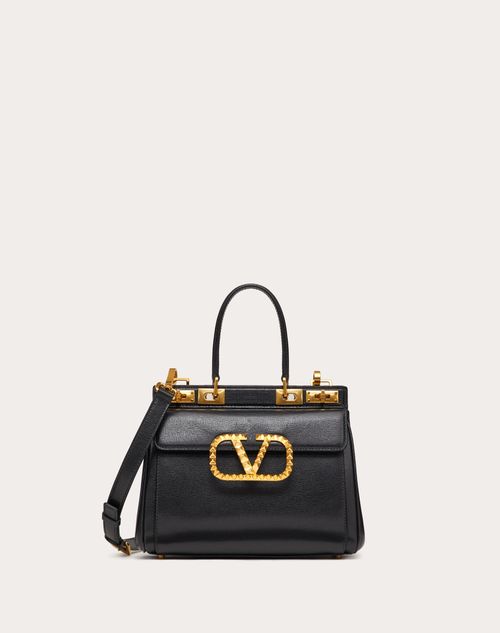 Valentino Garavani - Medium Rockstud Handbag In Grainy Calfskin - Black - Woman - Top Handle Bags