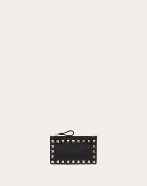 Rockstud Calfskin Cardholder With Zipper for Woman in Poudre