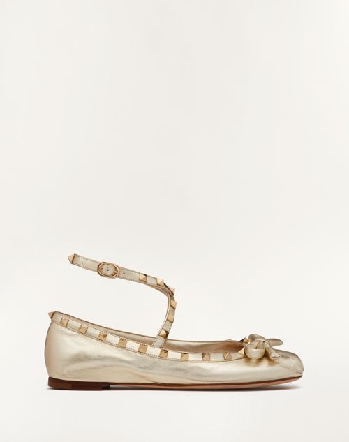 Valentino Garavani - Ballerines Rockstud En Cuir Nappa Lamé - Platine - Femme - Ballerines