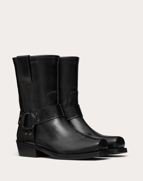 Valentino Garavani - Rockstud Calfskin Biker Ankle Boot 40mm - Black - Woman - Boots